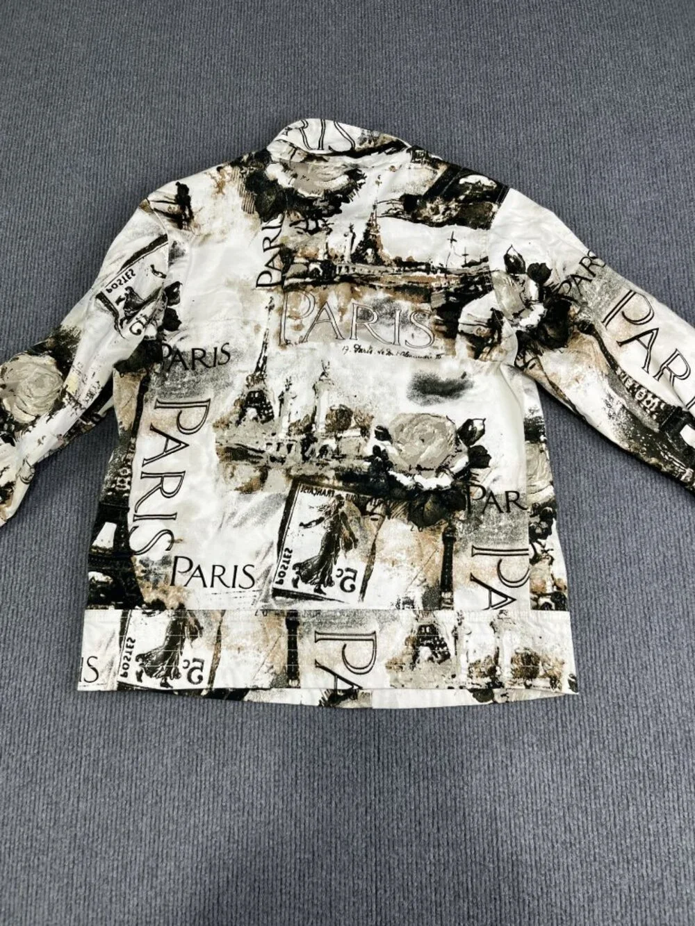 Womens Cream Black Paris Eiffel Tower Print Button Front Jacket Small